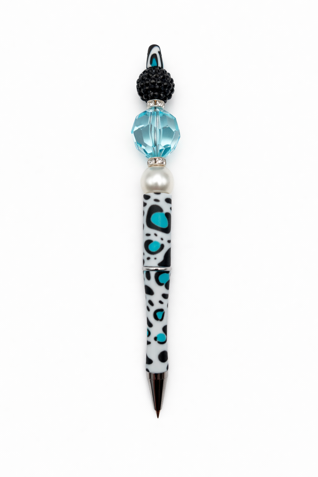 Teal Cow Print Beaded Pen - Aqua Crystal Glam Handmade Ink Pen