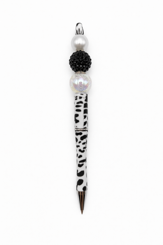 Luxury Cow Print Glam Beaded Pen - Pearl, Rhinestone & Crystal Handmade Black White Pen