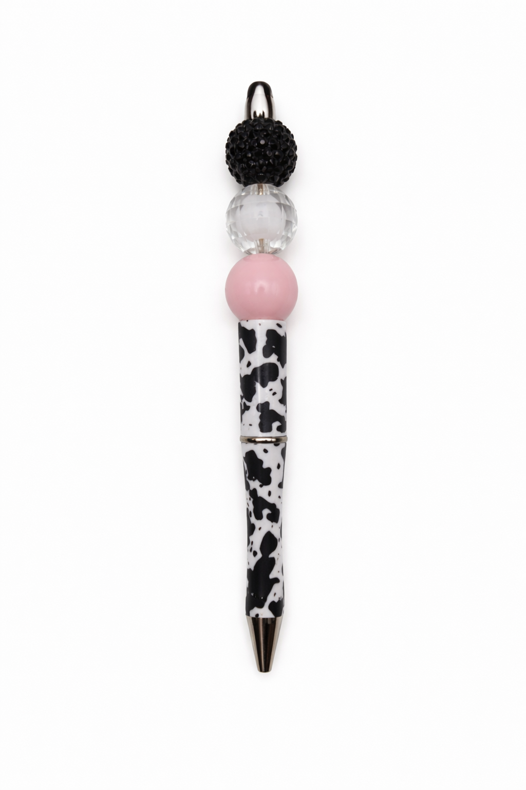 Pink Cow Print Beaded Pen - Black Rhinestone & Crystal Glam Ink Pen
