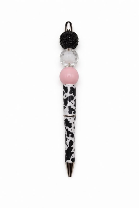 Pink Cow Print Beaded Pen - Black Rhinestone & Crystal Glam Ink Pen