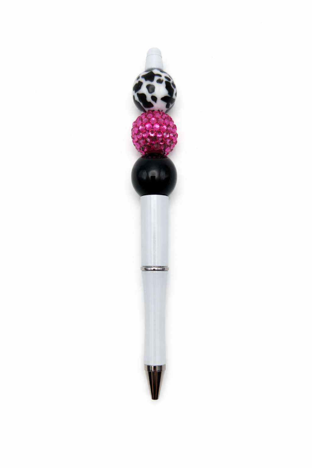 Fuchsia Sparkle Cow Print Beaded Pen - Black Gloss Accent White Glam Ink Pen