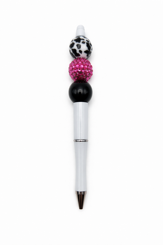 Fuchsia Sparkle Cow Print Beaded Pen - Black Gloss Accent White Glam Ink Pen