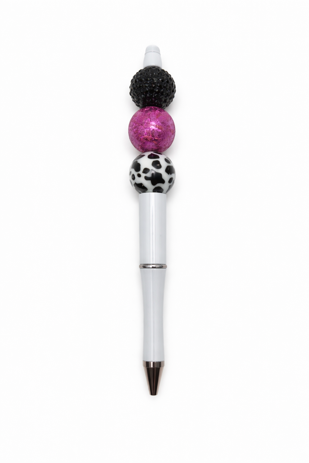 Cow Print & Textured Fuchsia Beaded Pen – White Refillable Barrel