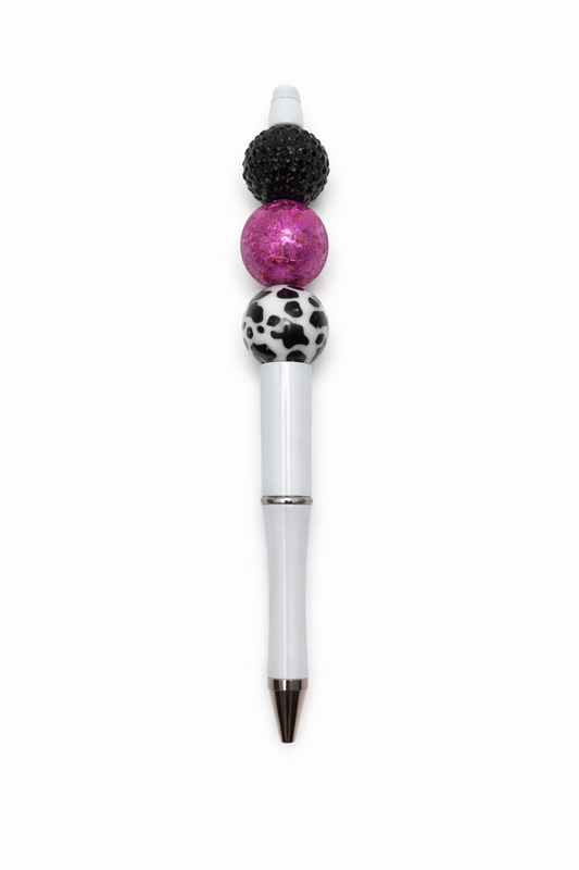 Cow Print & Textured Fuchsia Beaded Pen – White Refillable Barrel