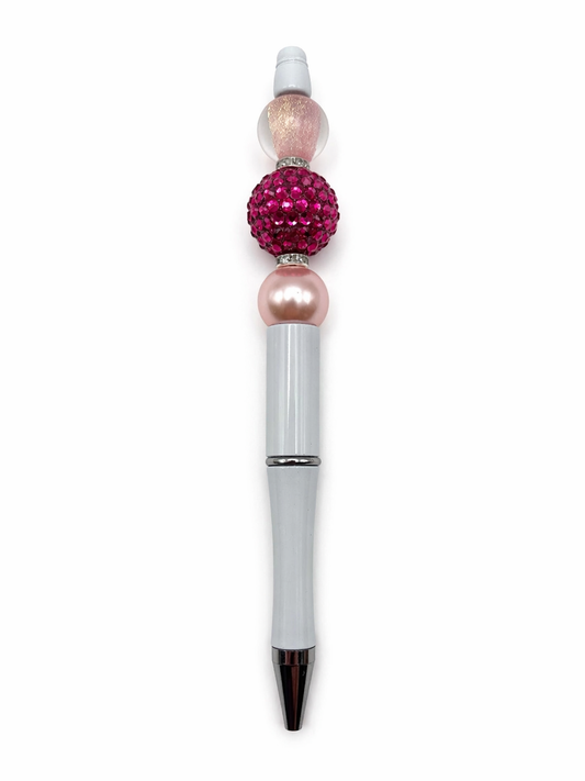 Pink Luxe Beaded Pen - Handmade Glam Rhinestone Pearl Pen - White Barrel