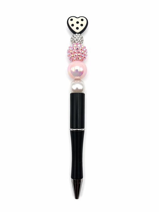 White Heart Topper Beaded Pen with Sparkly Beads - Refillable Black Barrel