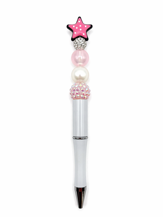 Pink Star Topper Beaded Pen with White Barrel