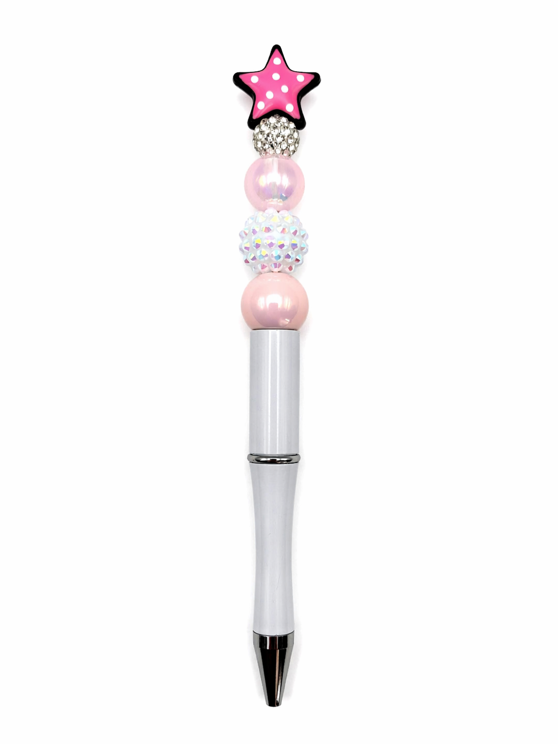 Pink Star Glam Beaded Pen - White Barrel Sparkle Pen with Rhinestone Accent