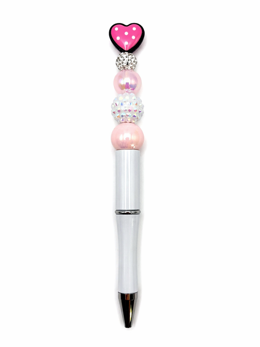 Pink Heart Topper & Rhinestone Beaded Pen with White Barrel
