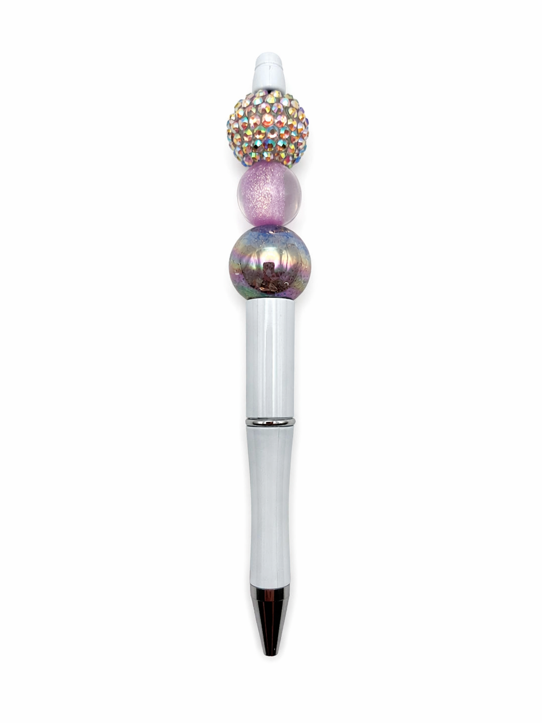 Twilight Dream Purple Beaded Pen - Gold & Purple Sparkle Beads - Refillable White Barrel Pen