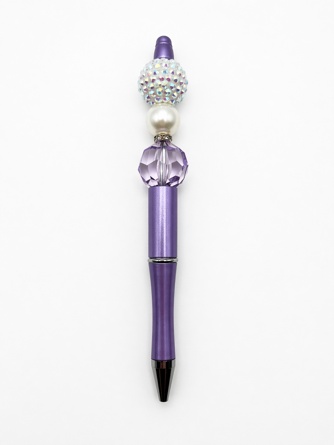 Moonlight Pearl Purple Beaded Pen - Pearl & Iridescent Beads - Refillable Purple Barrel Pen