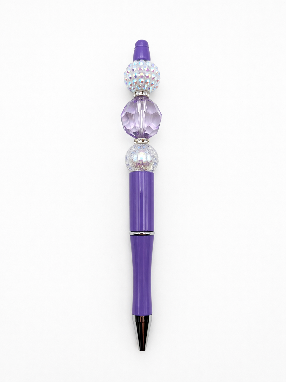 Elegant Purple Beaded Pen - White Sparkly & Iridescent Beads - Purple Refillable Barrel Pen