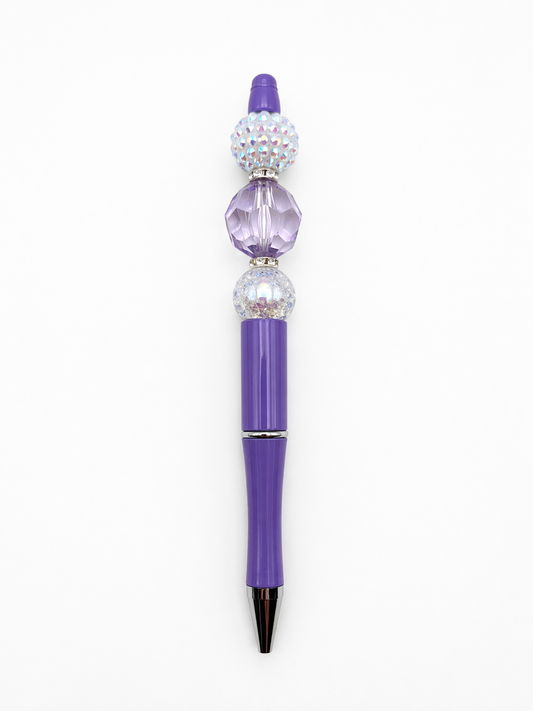 Elegant Purple Beaded Pen - White Sparkly & Iridescent Beads - Purple Refillable Barrel Pen