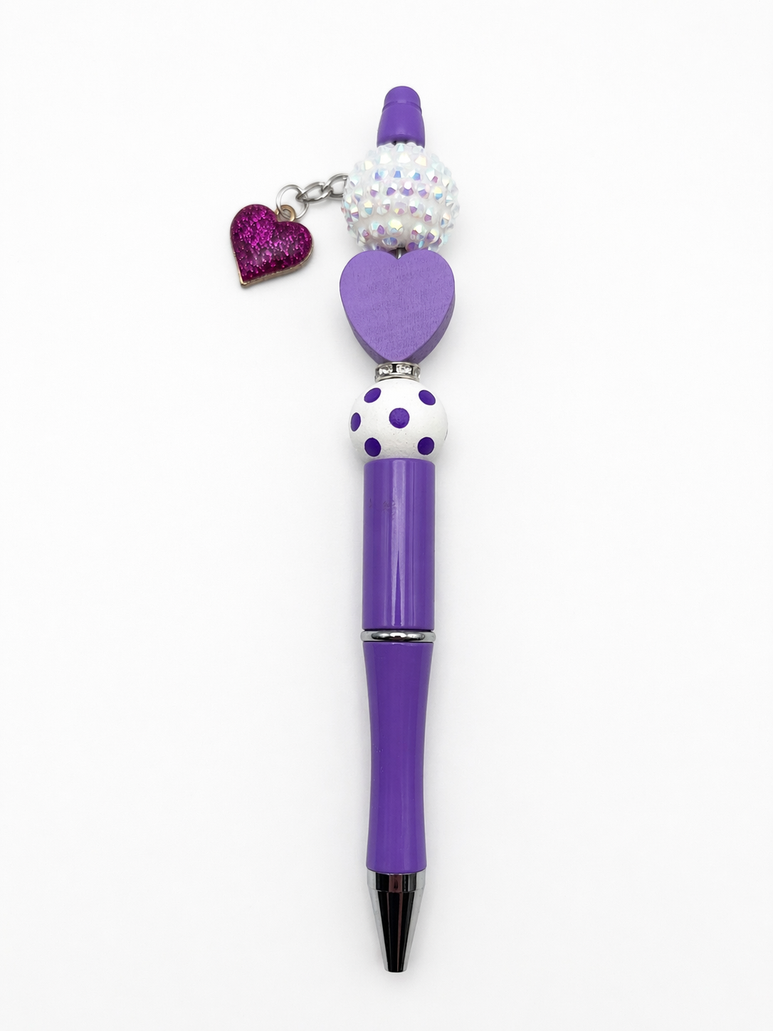 Purple Heart Charm Beaded Pen - Glitter Charm & Polka Dot Bead