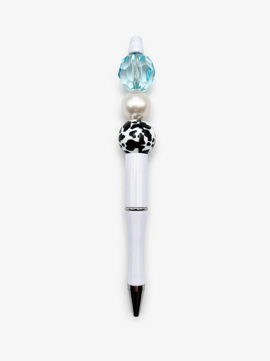 Aqua Cow Print Glam Beaded Pen - White Barrel Chic Statement Pen