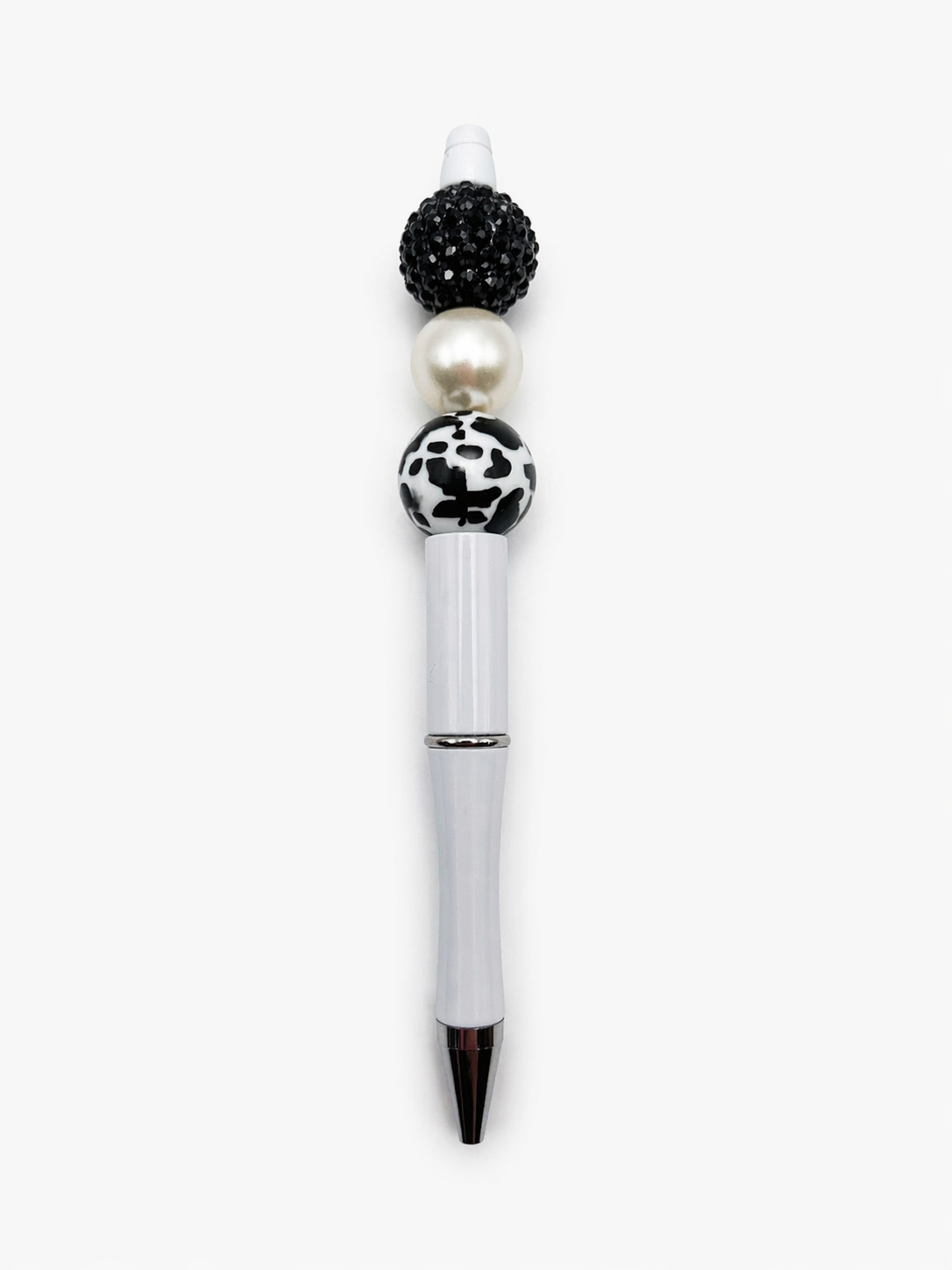 Black Crystal Cow Print Beaded Pen - Pearl Accent White Glam Ink Pen