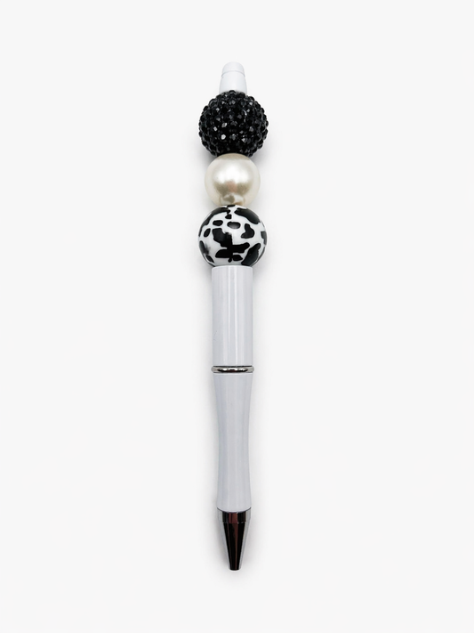 Black Crystal Cow Print Beaded Pen - Pearl Accent White Glam Ink Pen