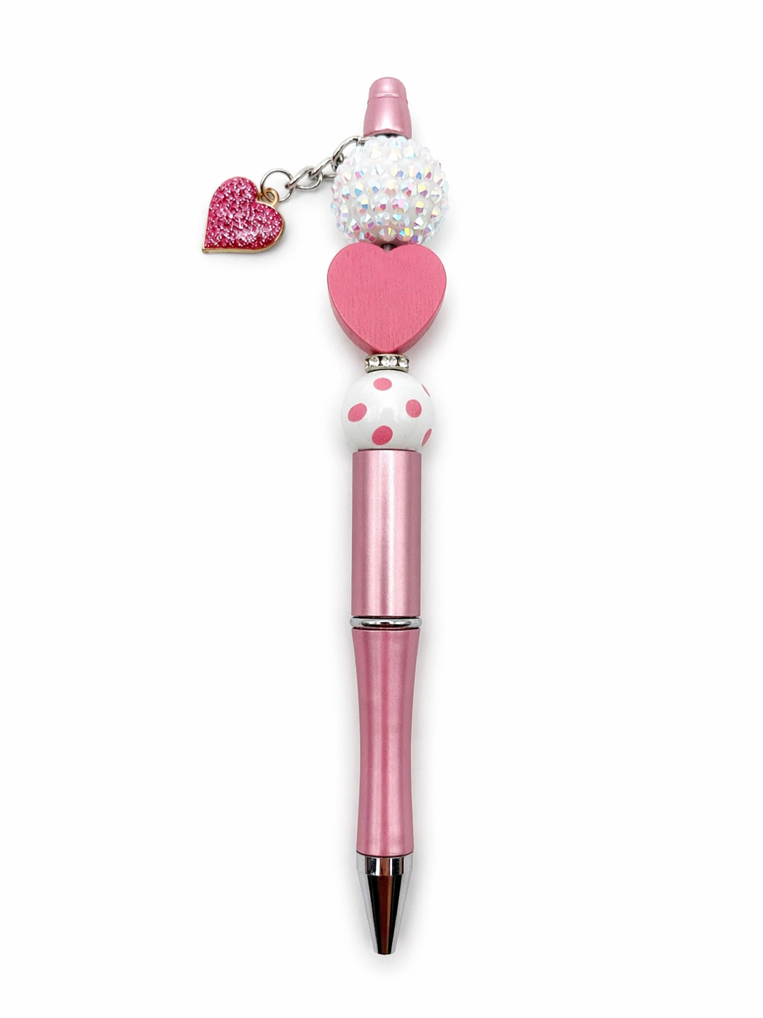 Pink Heart Charm Beaded Pen – Glitter Charm & Polka Dot Bead
