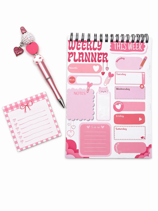 Cute Pink Planner Set - Weekly Planner, Handmade Beaded Pen & Sticky Note Gift Bundle