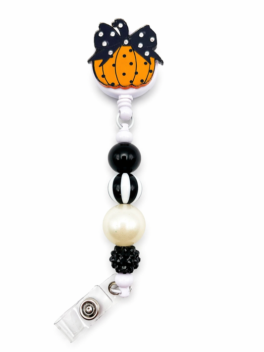 Black Bow Pumpkin Halloween Badge Reel – Neutral Fall Beaded Badge Reel