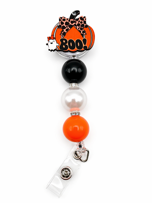 Boo Pumpkin Halloween Badge Reel – Orange, Black & Pearl Beaded Badge Reel