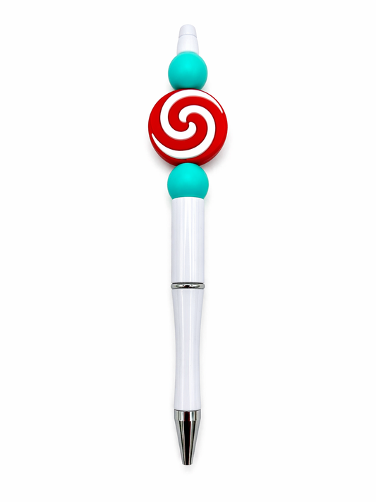 Lollipop Swirl Beaded Pen – Red & White Lollipop with Teal Accents