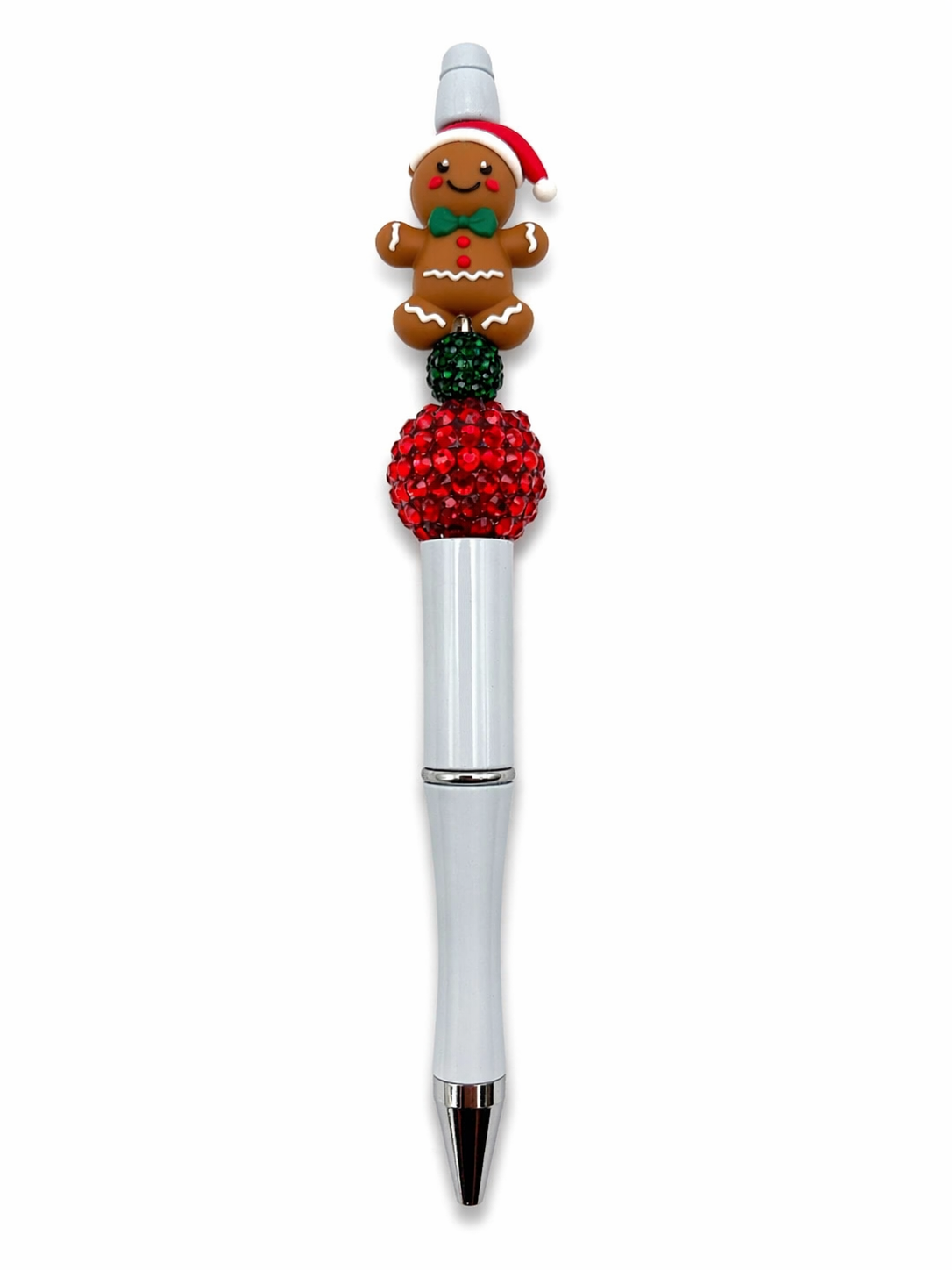 Gingerbread Man Beaded Pen with Red & Green Sparkle Beads - Cute Holiday Handmade Gift