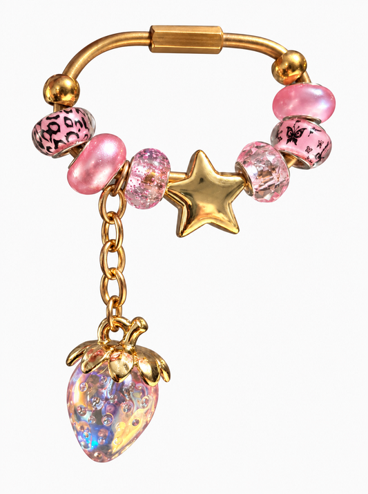 Pink Carabiner Bag Charm with Gold Star Slider – Handmade Gold Brass Bag Charm with Iridescent Strawberry Dangle