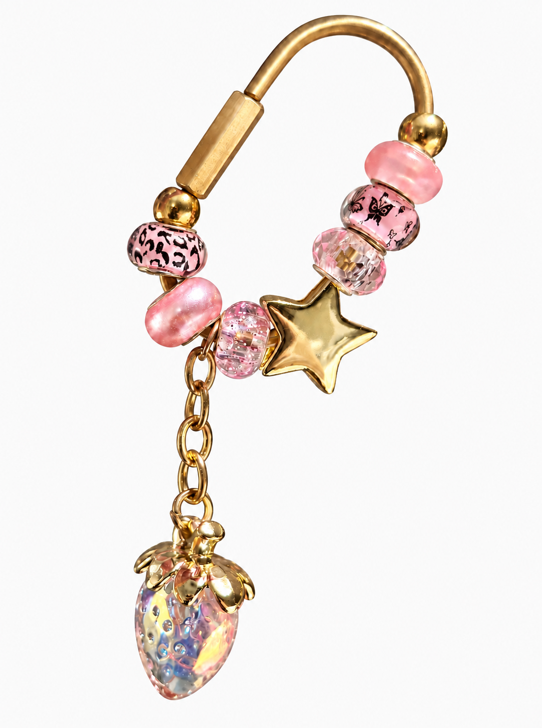 Pink Carabiner Bag Charm with Gold Star Slider – Handmade Gold Brass Bag Charm with Iridescent Strawberry Dangle
