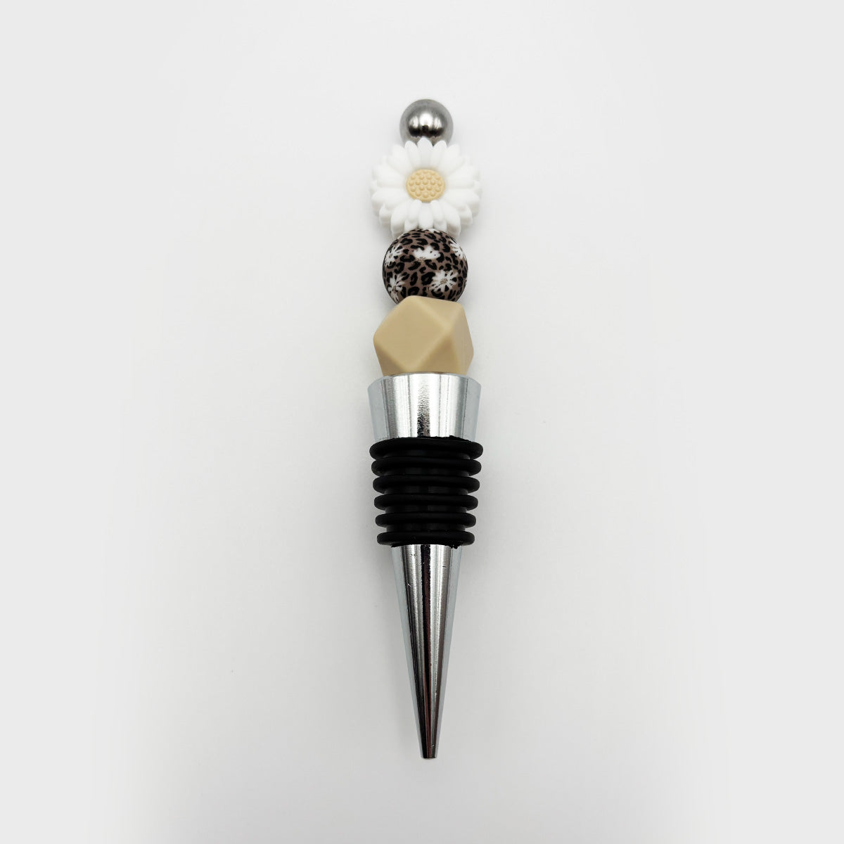 White Daisy & Leopard Beaded Wine Stopper