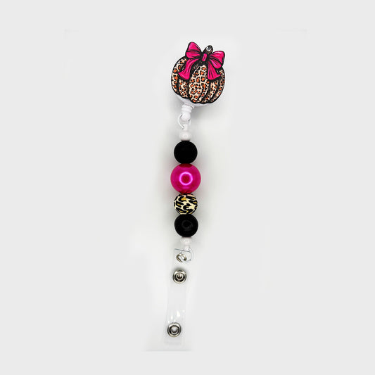 Leopard Pumpkin Badge Reel – Hot Pink Bow