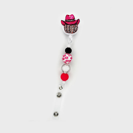Pink Cowboy Pumpkin Badge Reel with Animal Print Bead