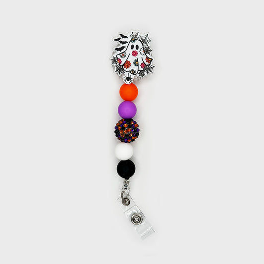 Halloween Ghost Badge Reel – Orange & Purple Beads