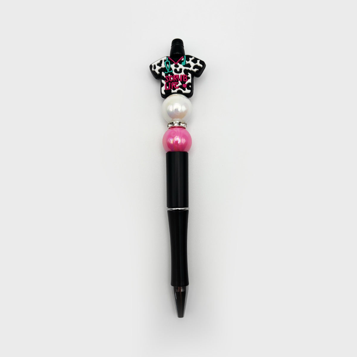 Scrub Life Beaded Pen – Pink & Pearl Beads on Black Barrel