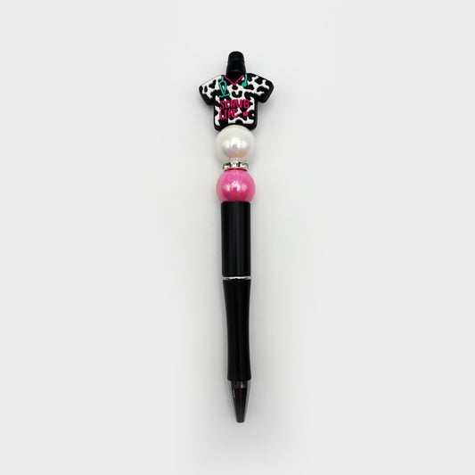 Scrub Life Beaded Pen – Pink & Pearl Beads on Black Barrel